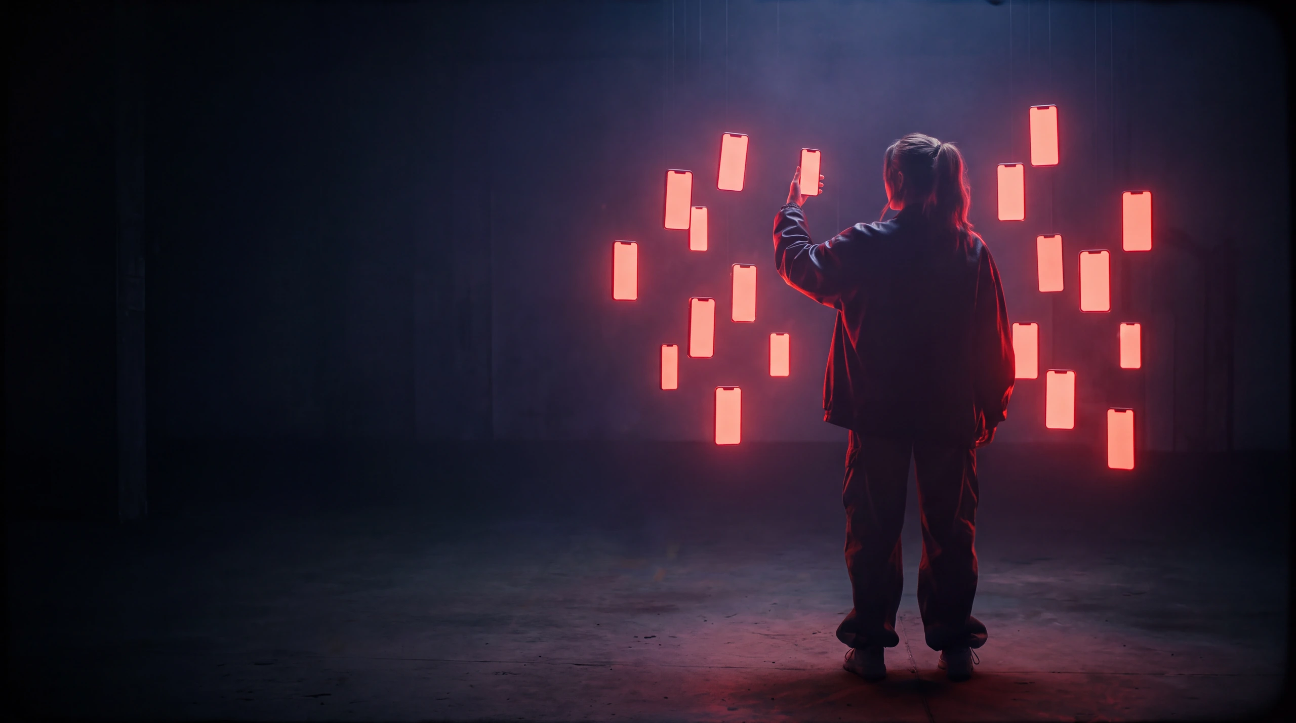 A creator filmed from behind in a dark warehouse, phone raised, her clip already multiplying into eighteen glowing screens around her.